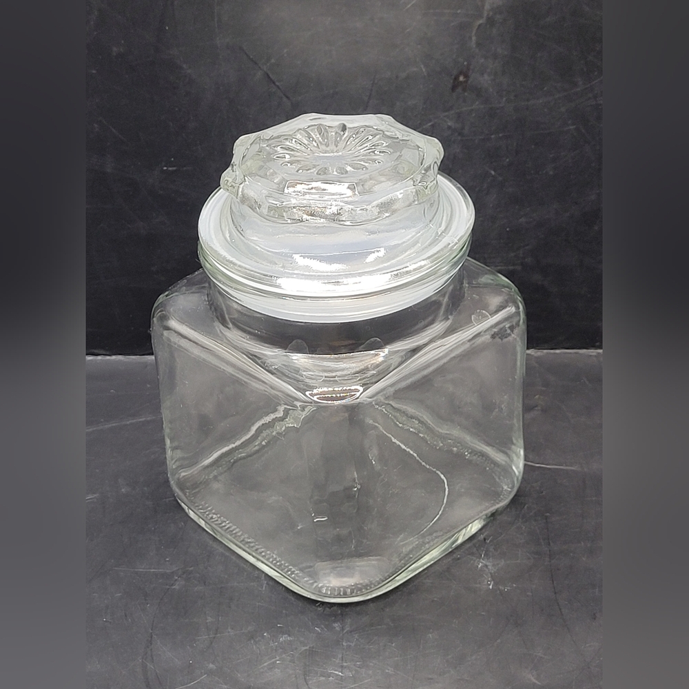 Vintage Anchor Hocking Square Canister with Sunburst Designed Lid Made In USA